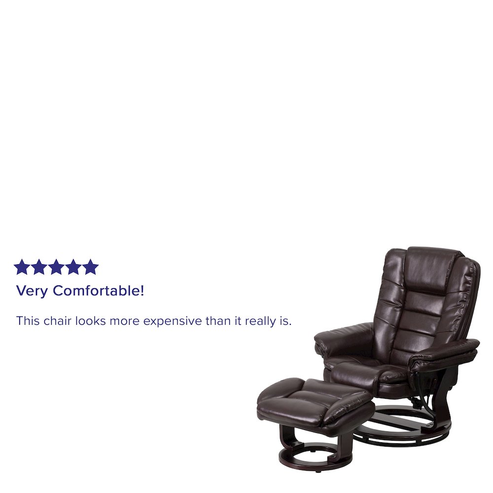 Recliner with Horizontal Stitching and Ottoman with Swivel Mahogany Wood Base. Picture 4