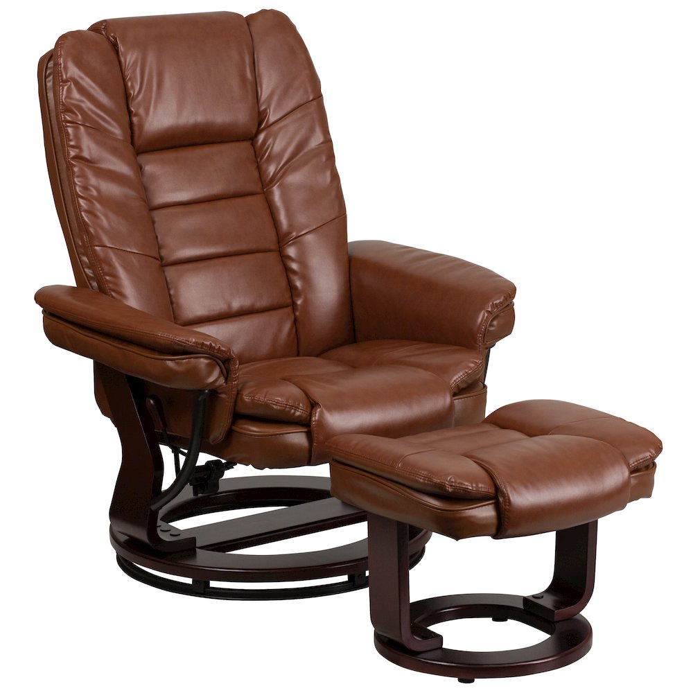 Recliner with Horizontal Stitching and Ottoman with Swivel Mahogany Wood Base. Picture 1