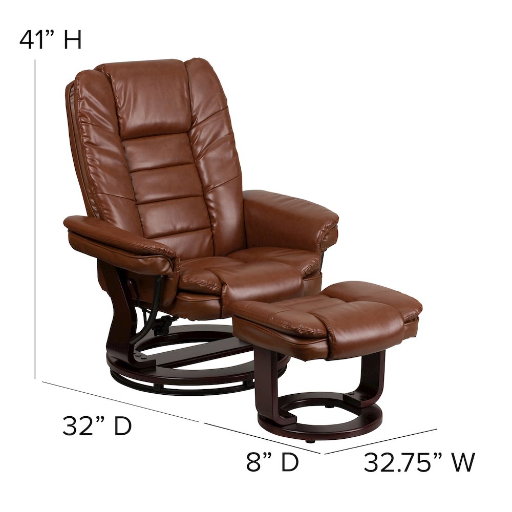 Recliner with Horizontal Stitching and Ottoman with Swivel Mahogany Wood Base. Picture 5