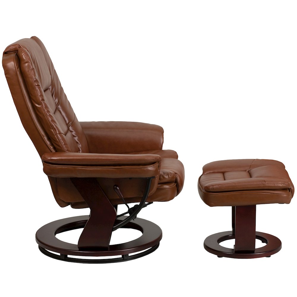Recliner with Horizontal Stitching and Ottoman with Swivel Mahogany Wood Base. Picture 8