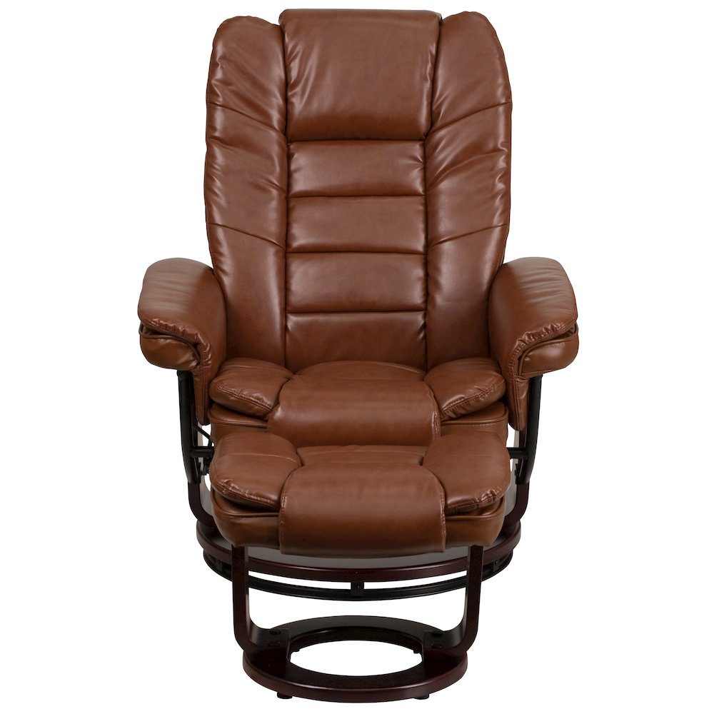 Recliner with Horizontal Stitching and Ottoman with Swivel Mahogany Wood Base. Picture 9