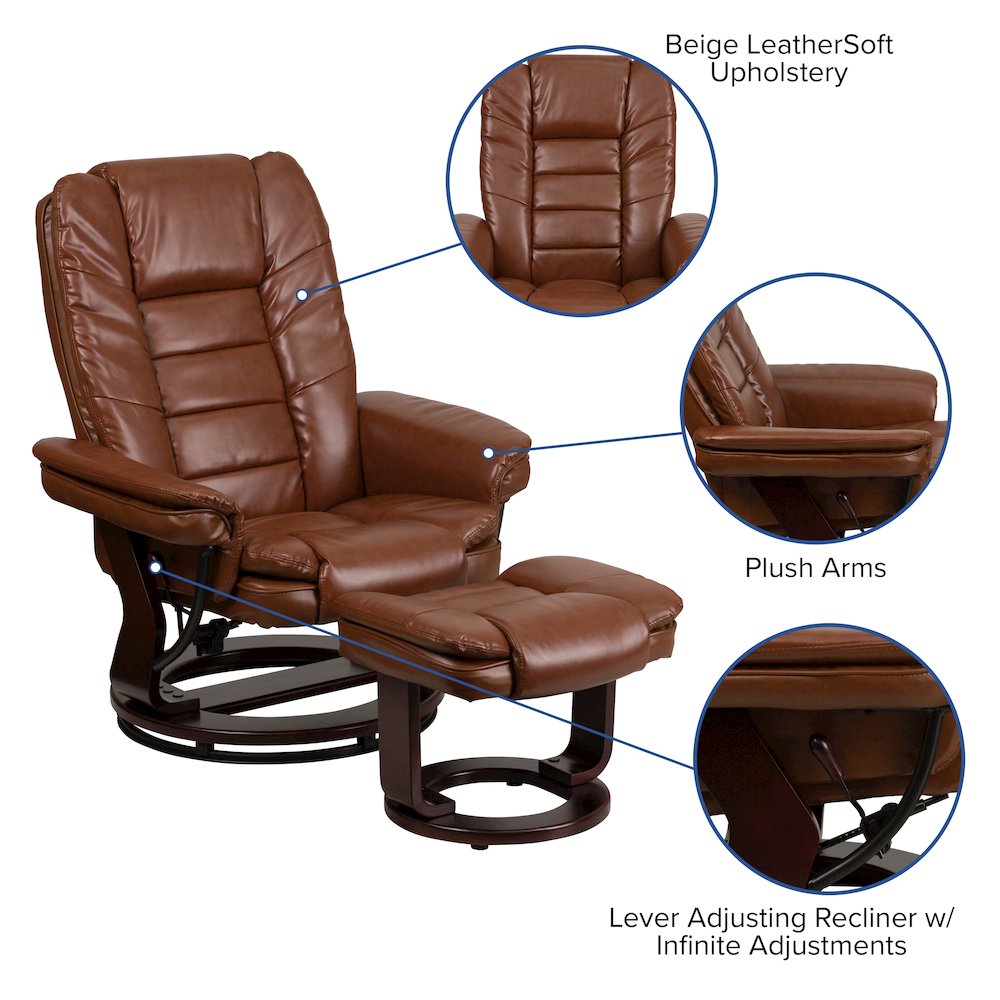 Recliner with Horizontal Stitching and Ottoman with Swivel Mahogany Wood Base. Picture 7