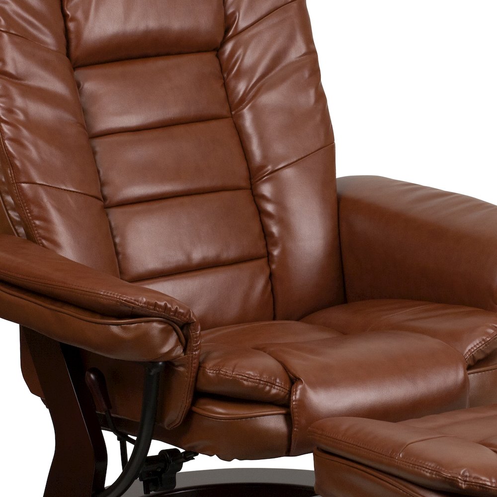 Recliner with Horizontal Stitching and Ottoman with Swivel Mahogany Wood Base. Picture 11