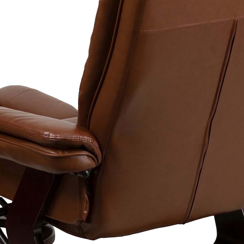 Recliner with Horizontal Stitching and Ottoman with Swivel Mahogany Wood Base. Picture 10
