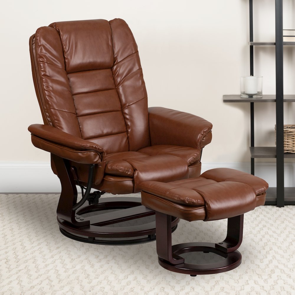 Recliner with Horizontal Stitching and Ottoman with Swivel Mahogany Wood Base. Picture 2