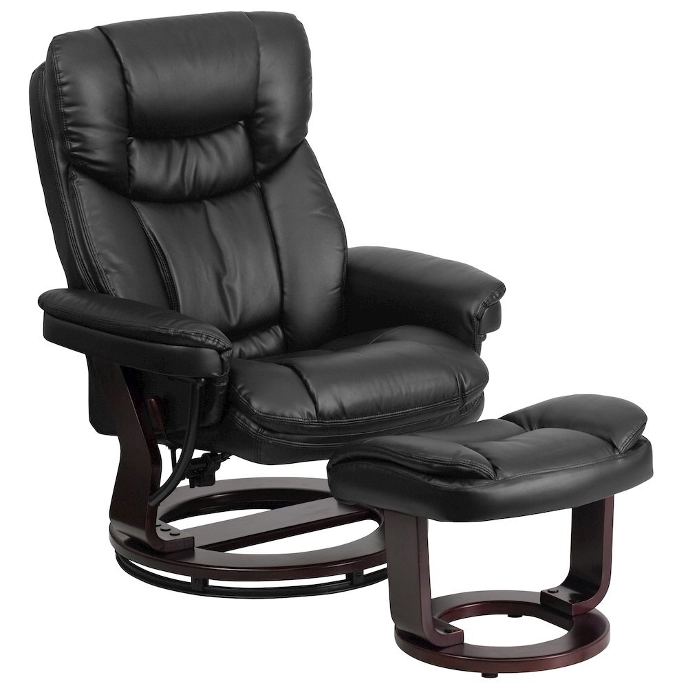 Contemporary Multi-Position Recliner and Curved Ottoman with Swivel Mahogany Wood Base in Black LeatherSoft. Picture 1