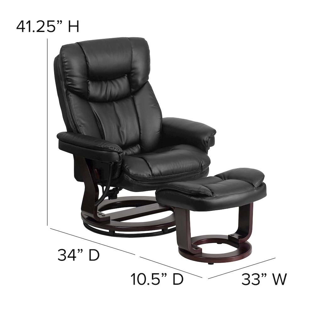 Contemporary Multi-Position Recliner and Curved Ottoman with Swivel Mahogany Wood Base in Black LeatherSoft. Picture 2
