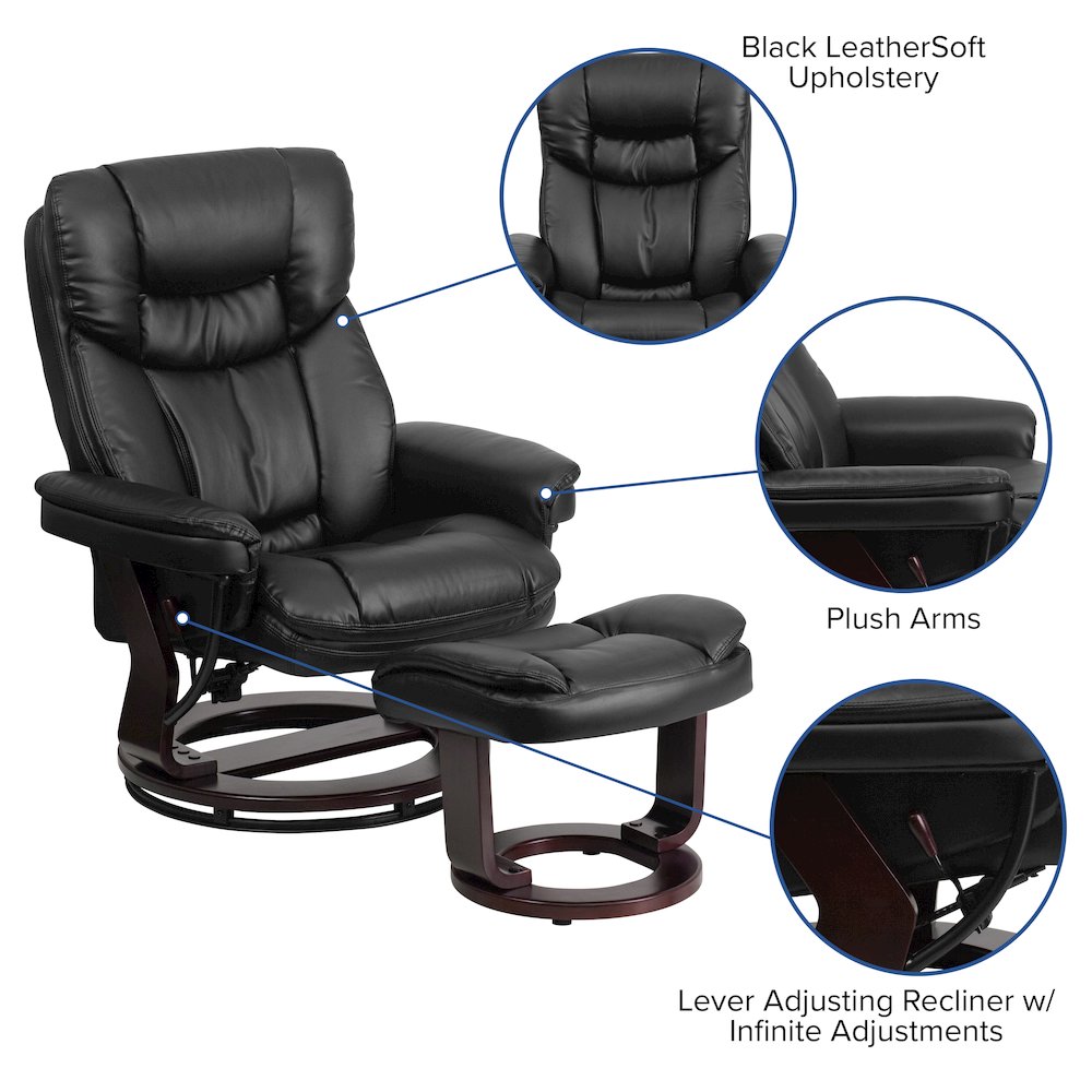 Contemporary Multi-Position Recliner and Curved Ottoman with Swivel Mahogany Wood Base in Black LeatherSoft. Picture 6