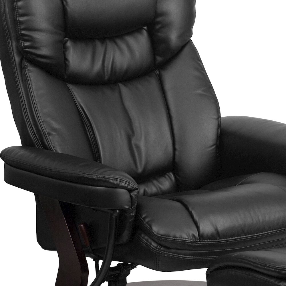 Recliner and Curved Ottoman with Swivel Mahogany Wood Base in Black LeatherSoft. Picture 10