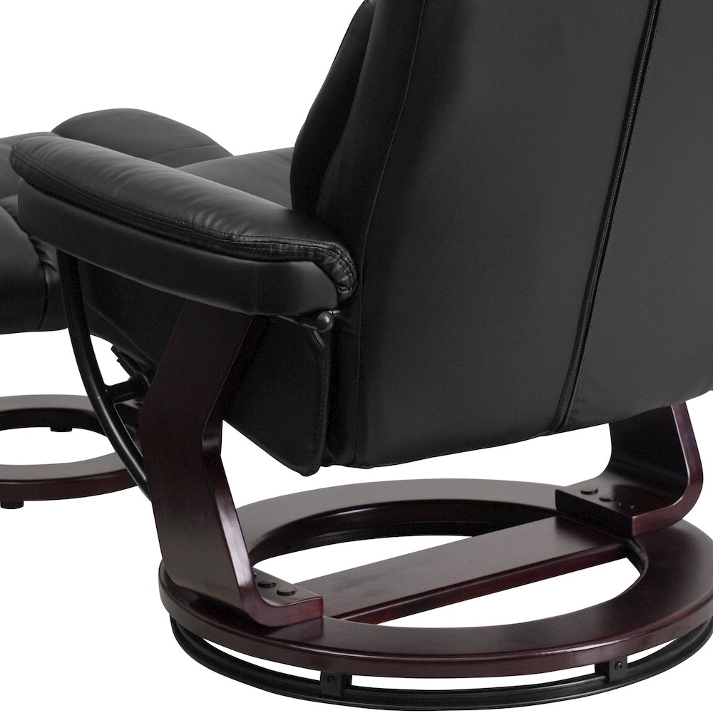 Recliner and Curved Ottoman with Swivel Mahogany Wood Base in Black LeatherSoft. Picture 11