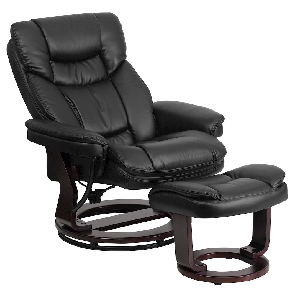 Recliner and Curved Ottoman with Swivel Mahogany Wood Base in Black LeatherSoft. Picture 12