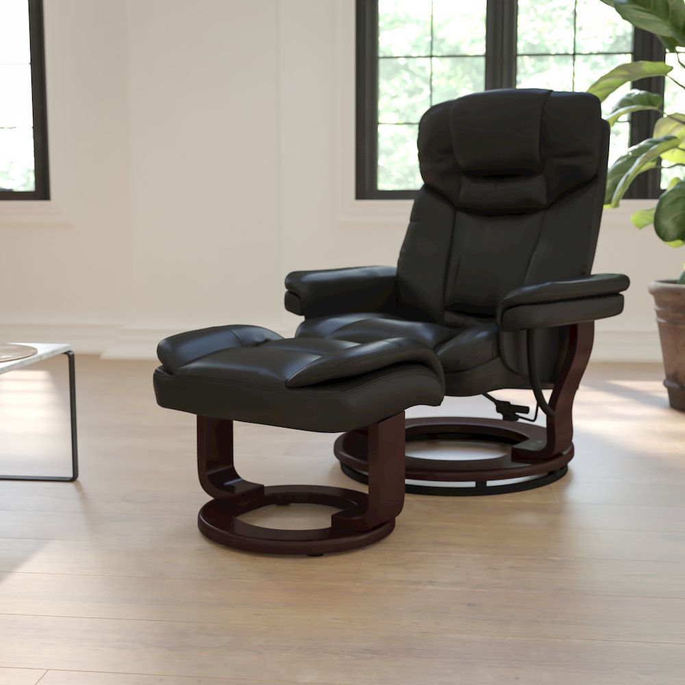 Recliner and Curved Ottoman with Swivel Mahogany Wood Base in Black LeatherSoft. Picture 2