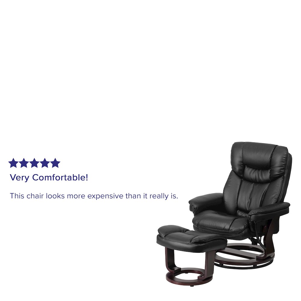 Contemporary Multi-Position Recliner and Curved Ottoman with Swivel Mahogany Wood Base in Black LeatherSoft. Picture 7