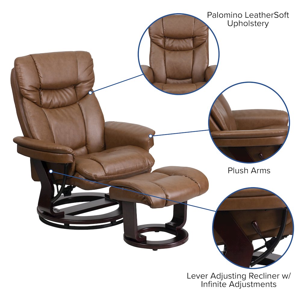 Recliner and Ottoman with Swivel Mahogany Wood Base in Palimino LeatherSoft. Picture 7