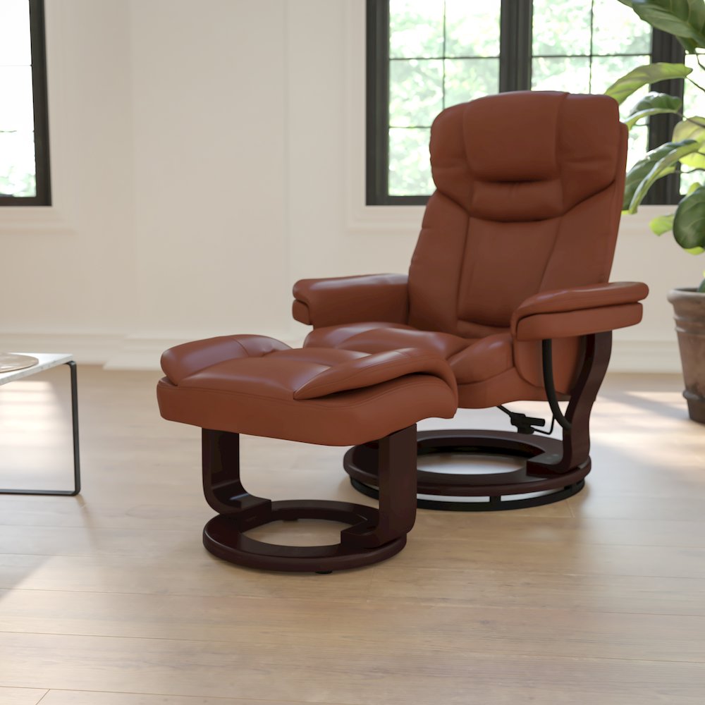 Contemporary Multi-Position Recliner and Curved Ottoman with Swivel Mahogany Wood Base in Brown Vintage LeatherSoft. Picture 9