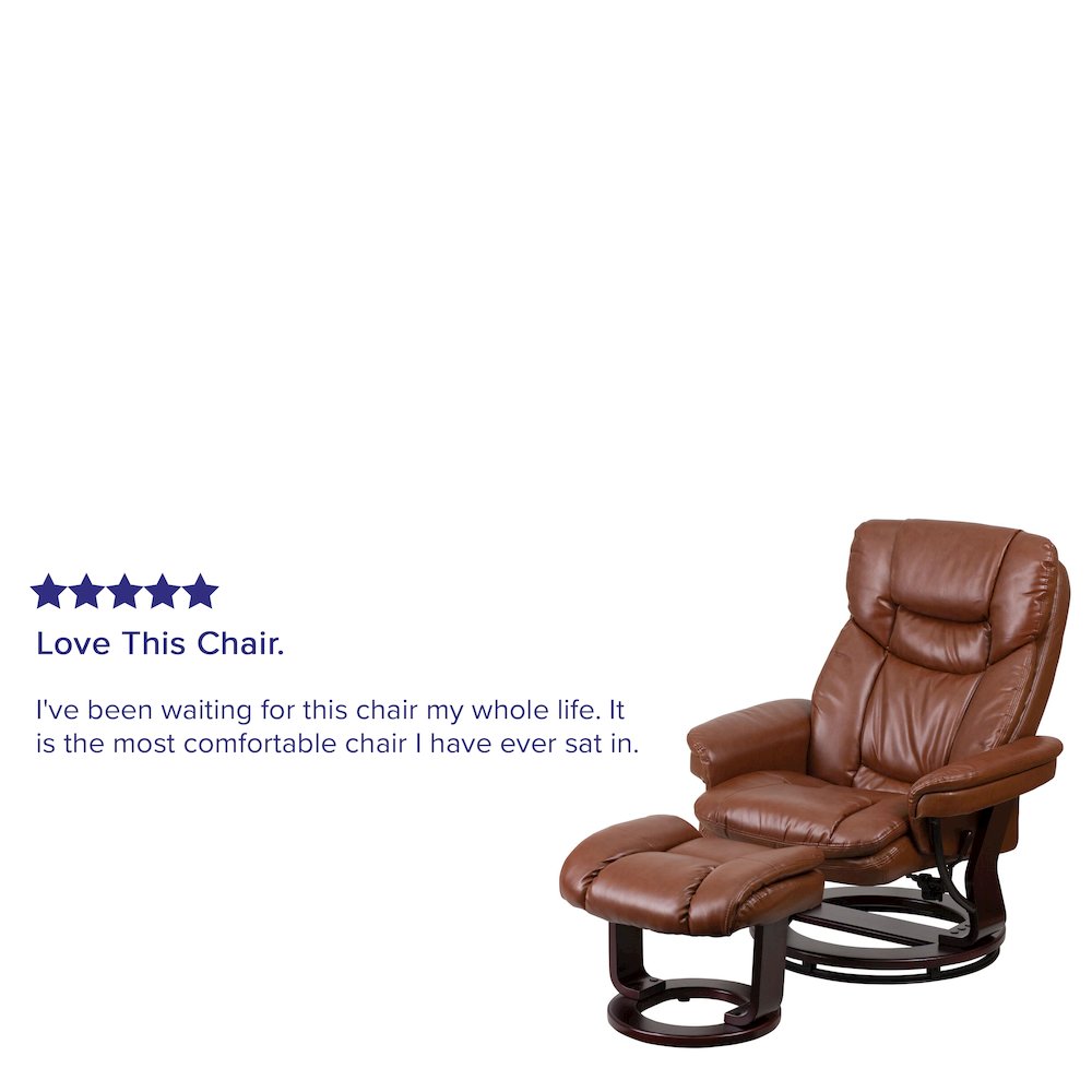 Contemporary Multi-Position Recliner and Curved Ottoman with Swivel Mahogany Wood Base in Brown Vintage LeatherSoft. Picture 10