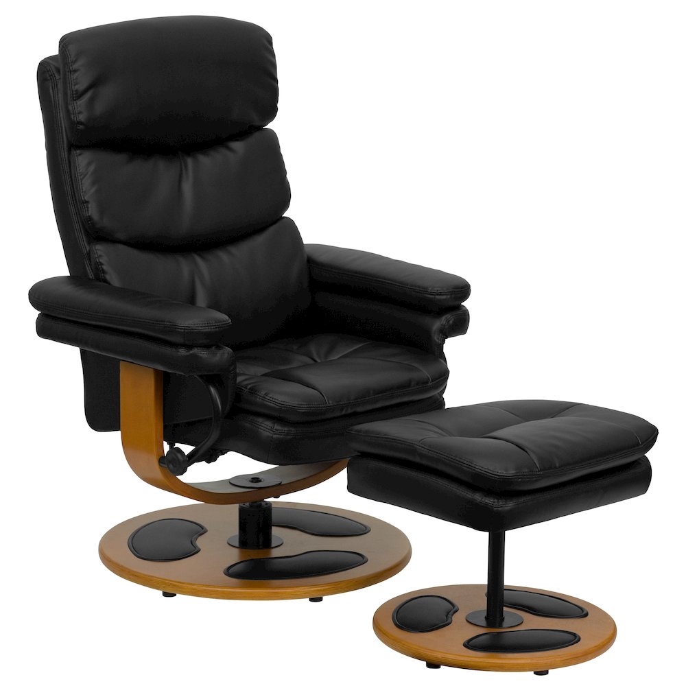 Recliner and Ottoman with Wood Base in Black LeatherSoft. Picture 1