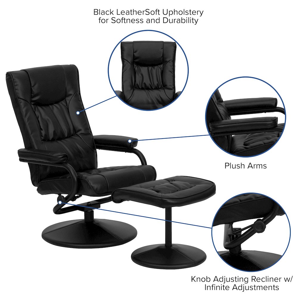 Recliner and Ottoman with Wrapped Base in Black LeatherSoft. Picture 7