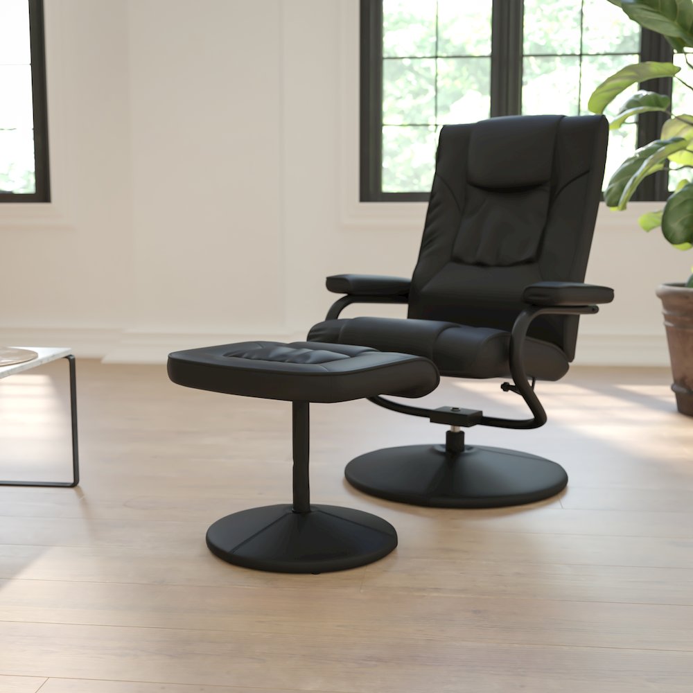 Recliner and Ottoman with Wrapped Base in Black LeatherSoft. Picture 2