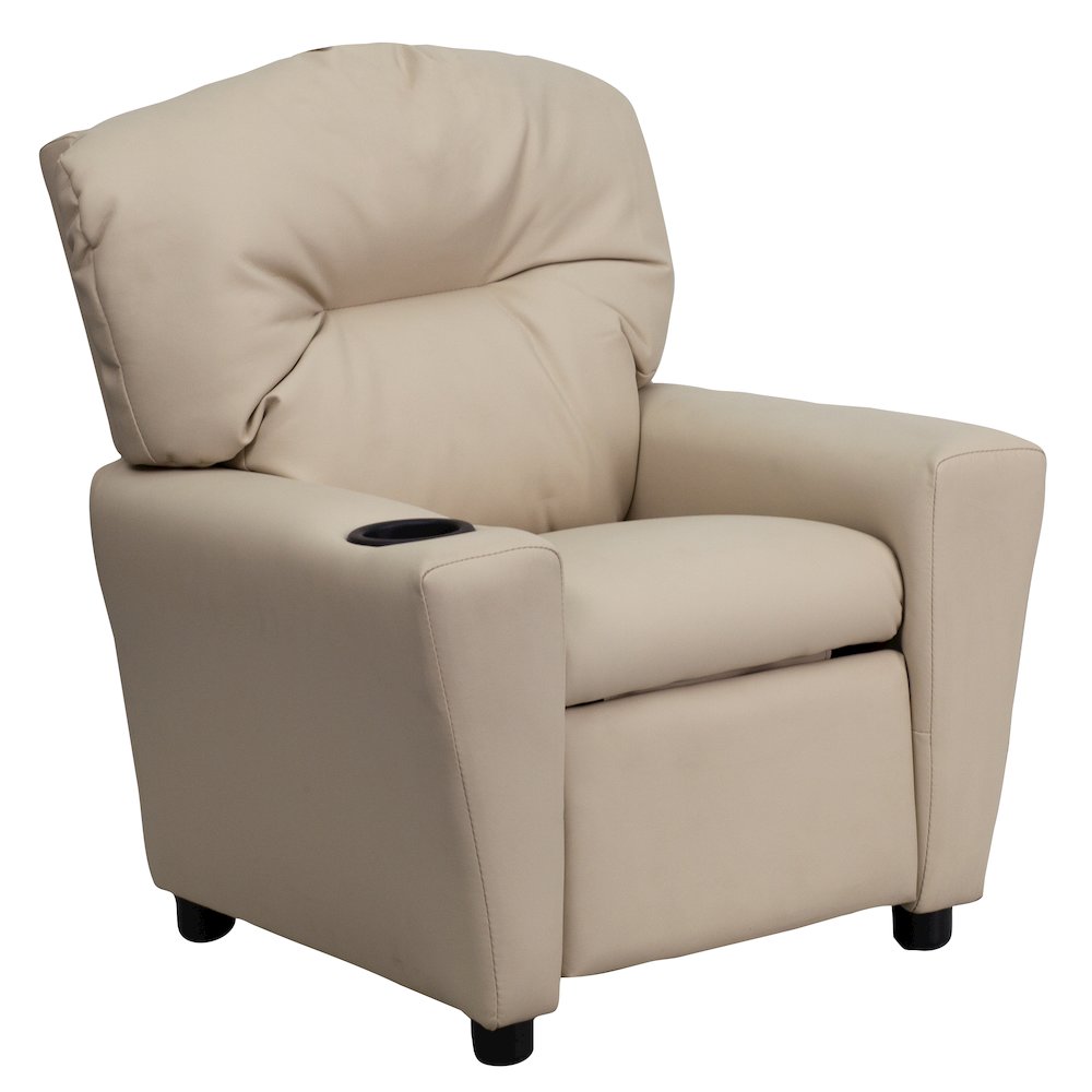 Contemporary Beige Vinyl Kids Recliner with Cup Holder. Picture 1