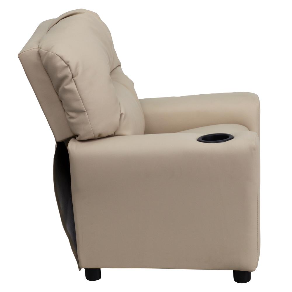 Contemporary Beige Vinyl Kids Recliner with Cup Holder. Picture 3