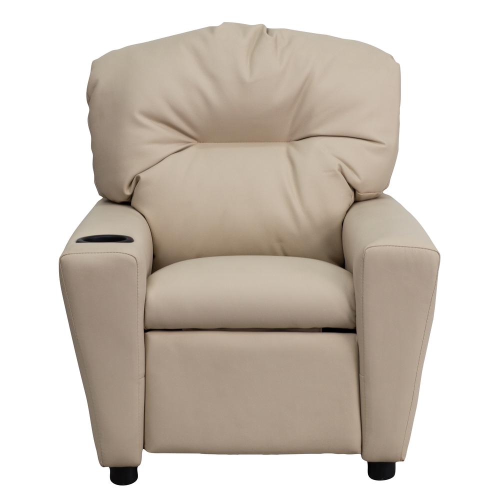Contemporary Beige Vinyl Kids Recliner with Cup Holder. Picture 5