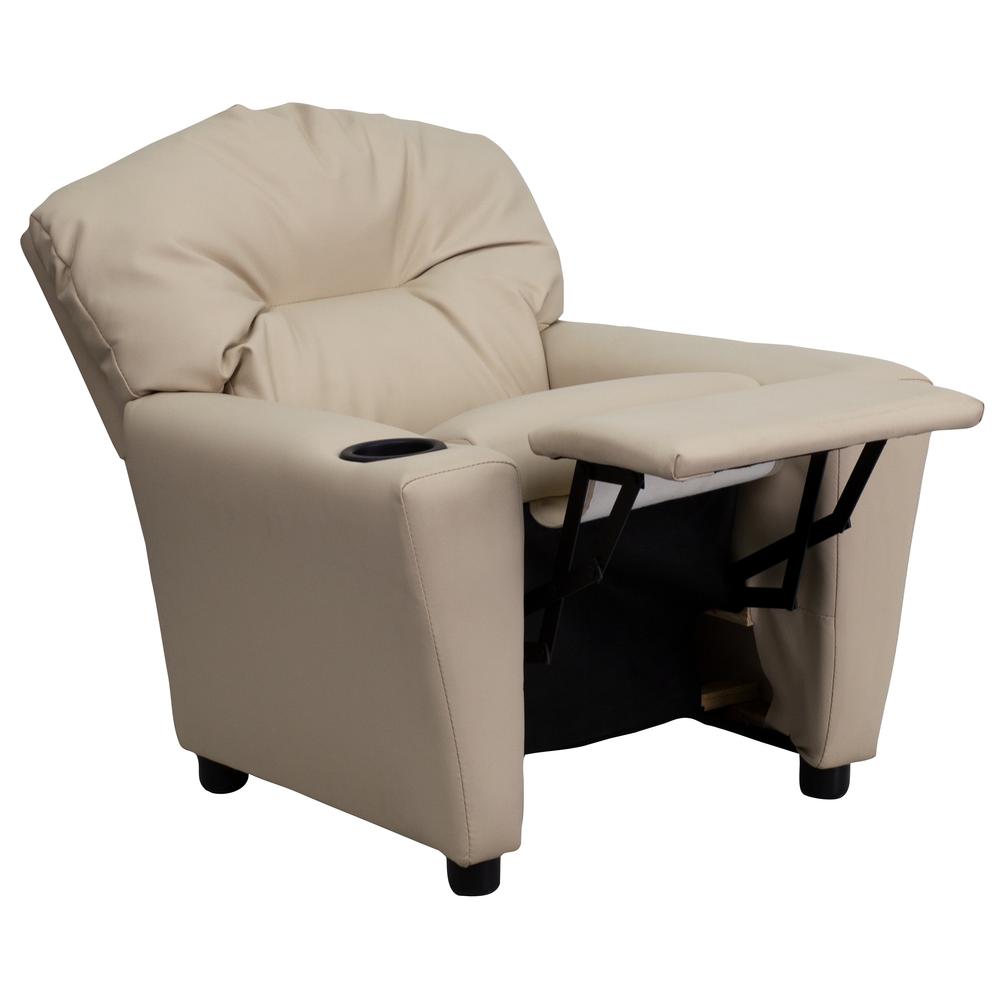 Contemporary Beige Vinyl Kids Recliner with Cup Holder. Picture 6
