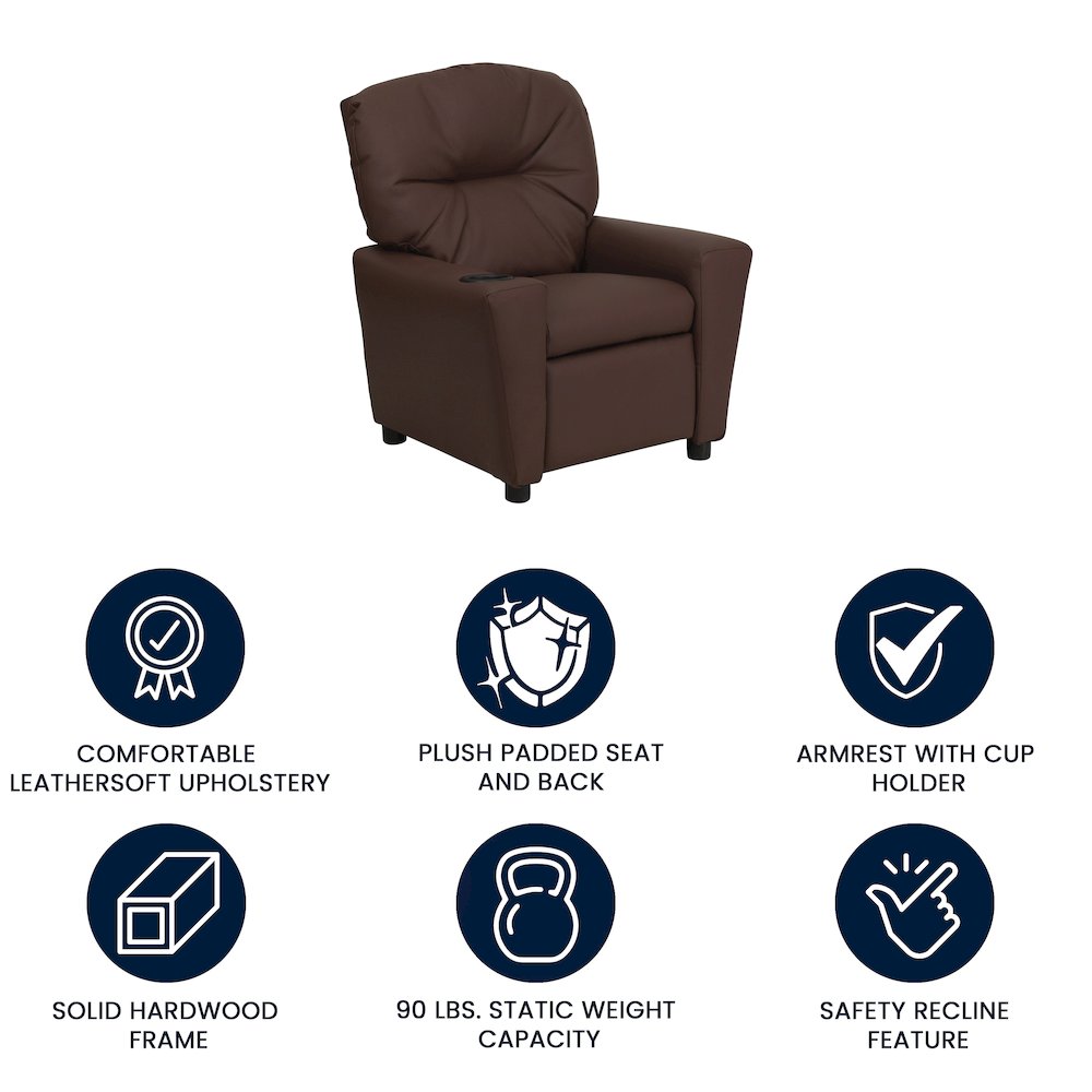 Contemporary Brown LeatherSoft Kids Recliner with Cup Holder. Picture 5