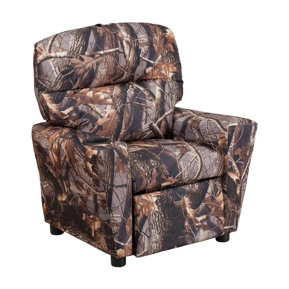 Contemporary Camouflaged Fabric Kids Recliner with Cup Holder. Picture 1