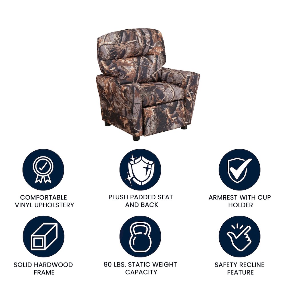 Contemporary Camouflaged Fabric Kids Recliner with Cup Holder. Picture 5