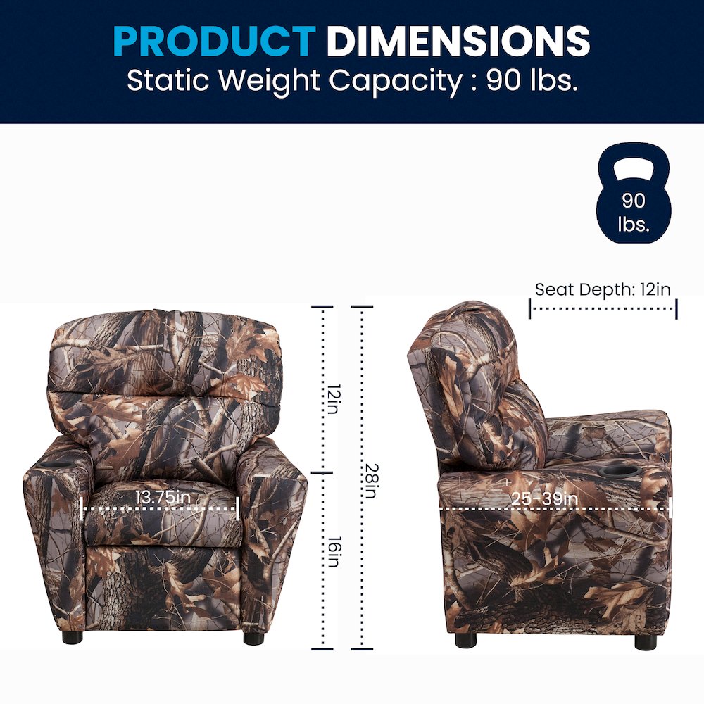 Contemporary Camouflaged Fabric Kids Recliner with Cup Holder. Picture 2