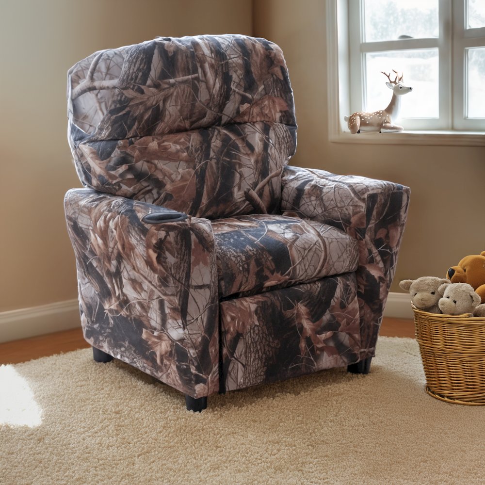 Contemporary Camouflaged Fabric Kids Recliner with Cup Holder. Picture 3
