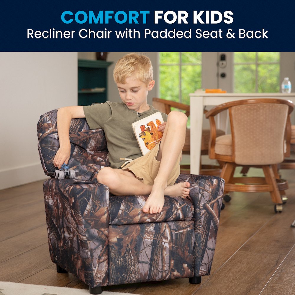 Contemporary Camouflaged Fabric Kids Recliner with Cup Holder. Picture 2