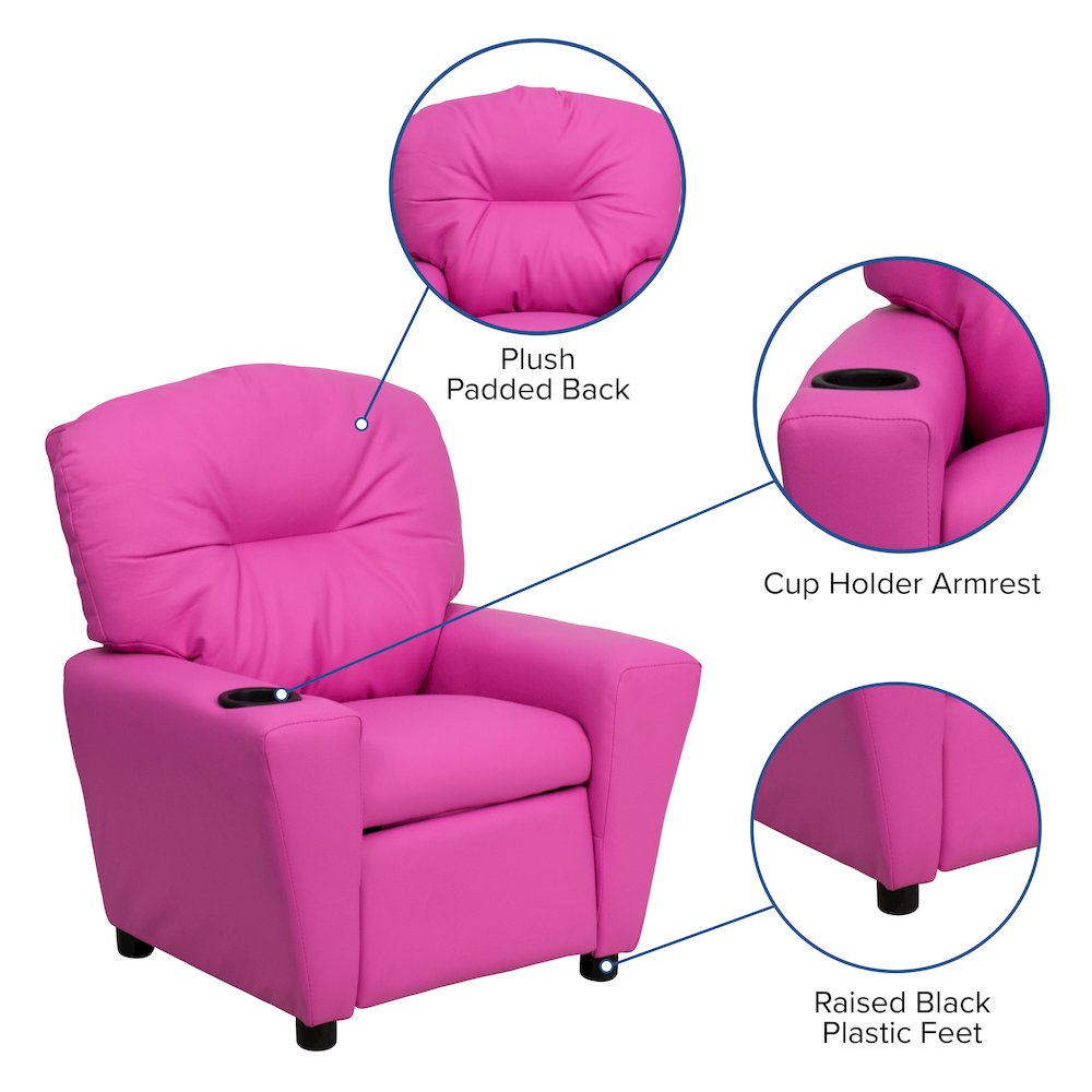 Contemporary Hot Pink Vinyl Kids Recliner with Cup Holder. Picture 7