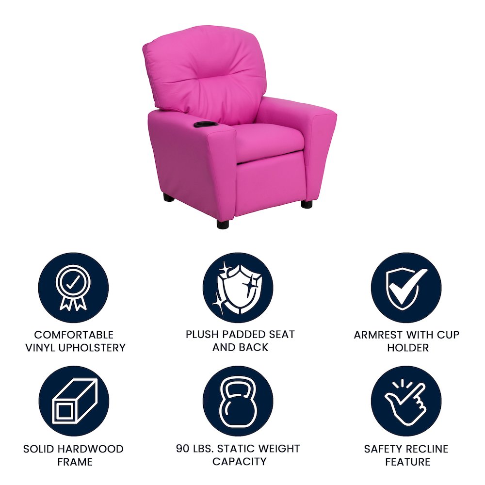 Contemporary Hot Pink Vinyl Kids Recliner with Cup Holder. Picture 5