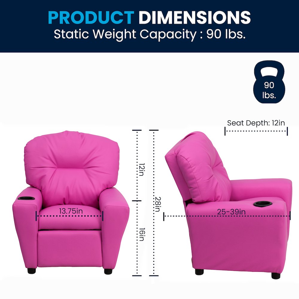Contemporary Hot Pink Vinyl Kids Recliner with Cup Holder. Picture 8