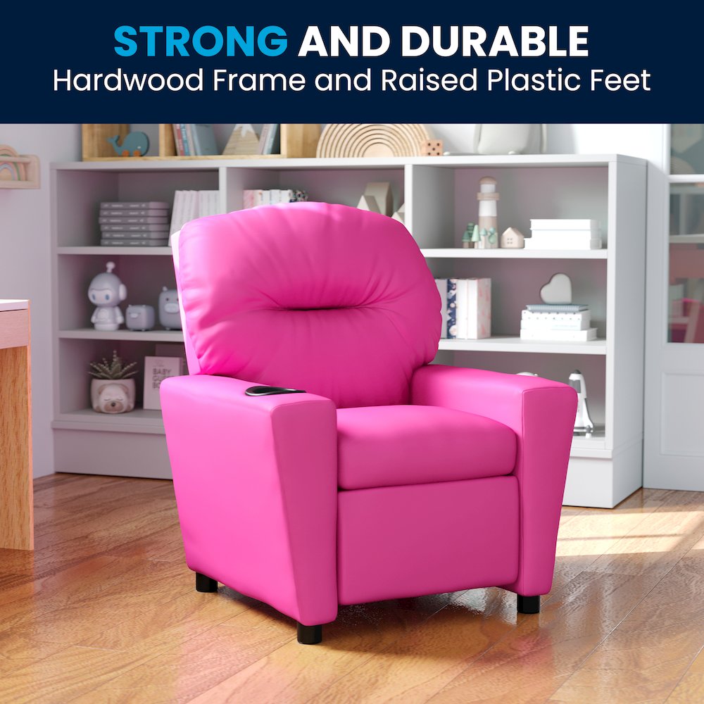 Contemporary Hot Pink Vinyl Kids Recliner with Cup Holder. Picture 3