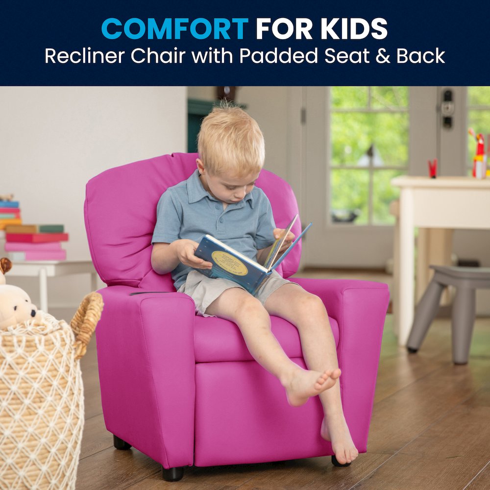 Contemporary Hot Pink Vinyl Kids Recliner with Cup Holder. Picture 2