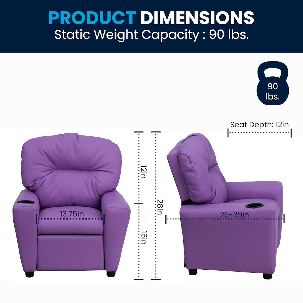 Contemporary Lavender Vinyl Kids Recliner with Cup Holder. Picture 2