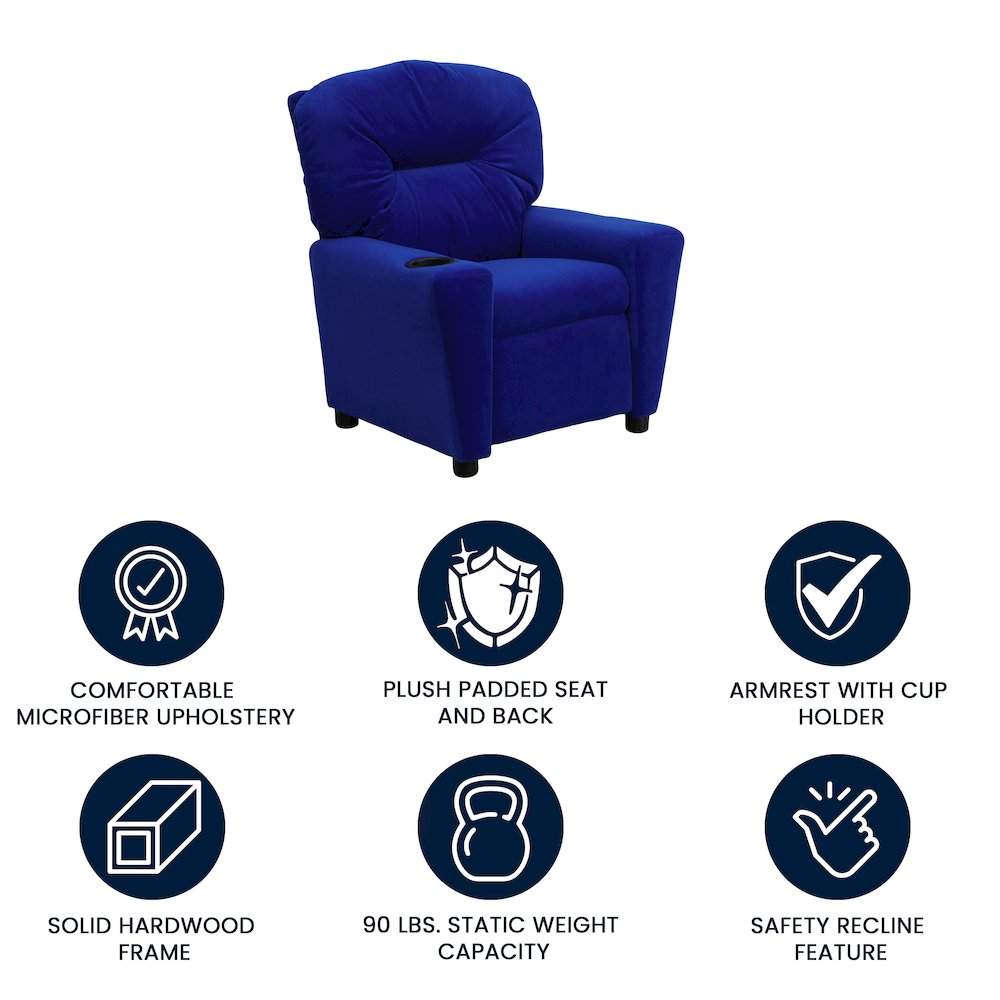 Contemporary Blue Microfiber Kids Recliner with Cup Holder. Picture 5