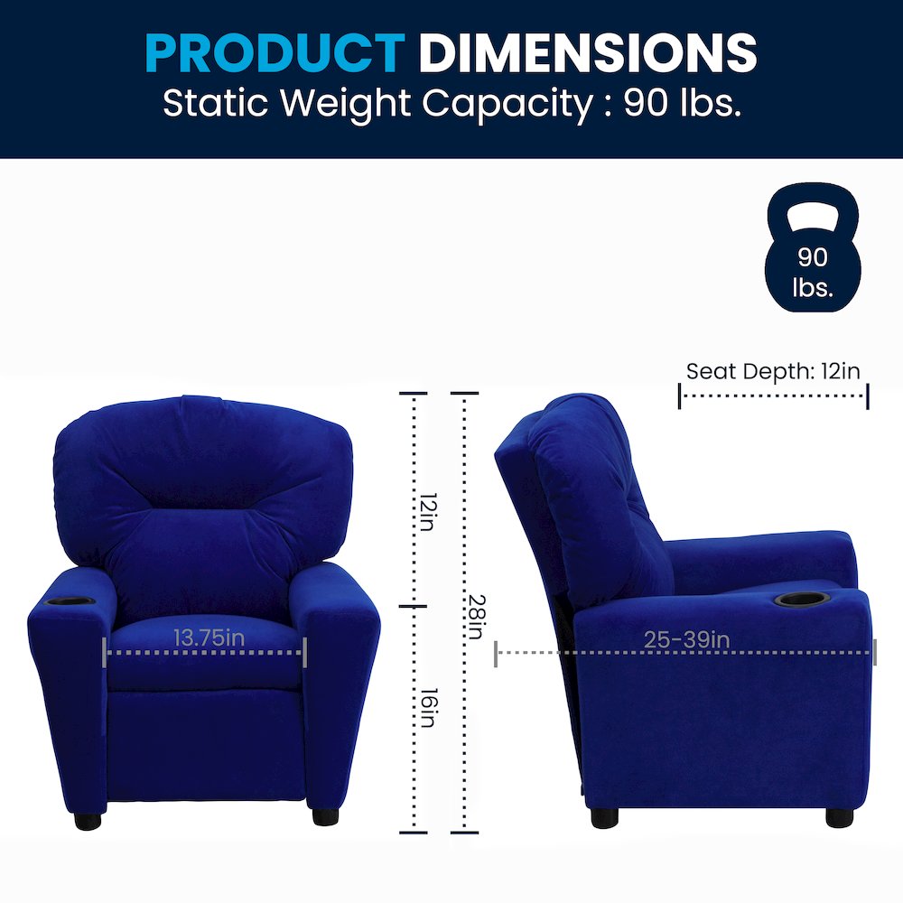 Contemporary Blue Microfiber Kids Recliner with Cup Holder. Picture 7