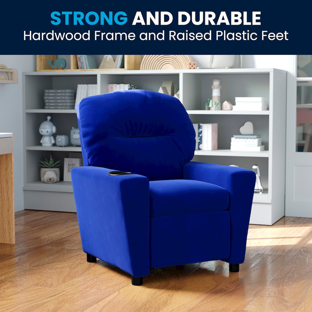 Contemporary Blue Microfiber Kids Recliner with Cup Holder. Picture 3