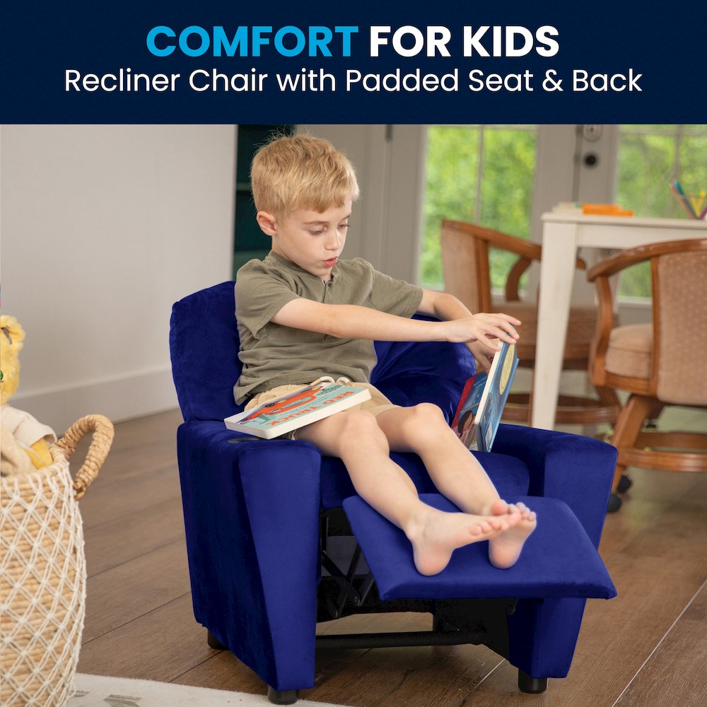 Contemporary Blue Microfiber Kids Recliner with Cup Holder. Picture 2