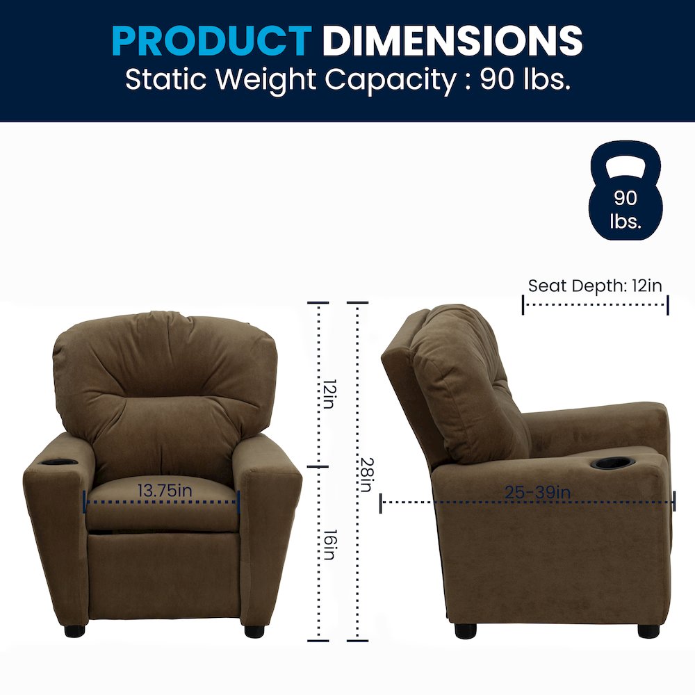 Contemporary Brown Microfiber Kids Recliner with Cup Holder. Picture 2