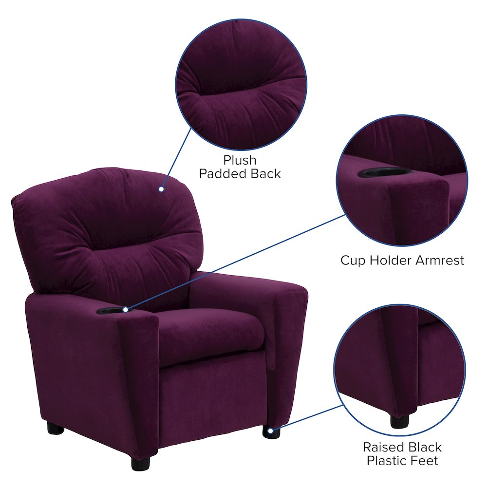 Contemporary Purple Microfiber Kids Recliner with Cup Holder. Picture 7