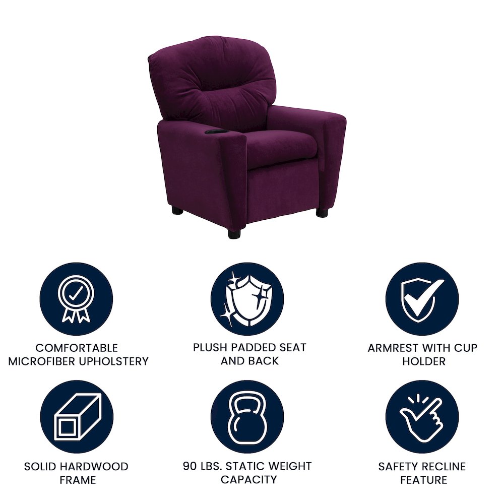 Contemporary Purple Microfiber Kids Recliner with Cup Holder. Picture 5