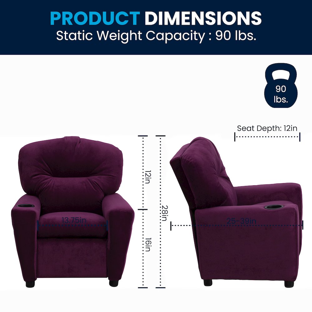 Contemporary Purple Microfiber Kids Recliner with Cup Holder. Picture 8