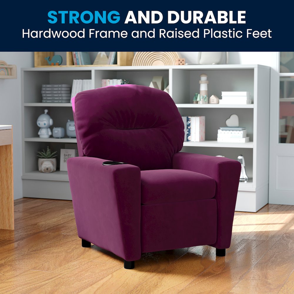Contemporary Purple Microfiber Kids Recliner with Cup Holder. Picture 3