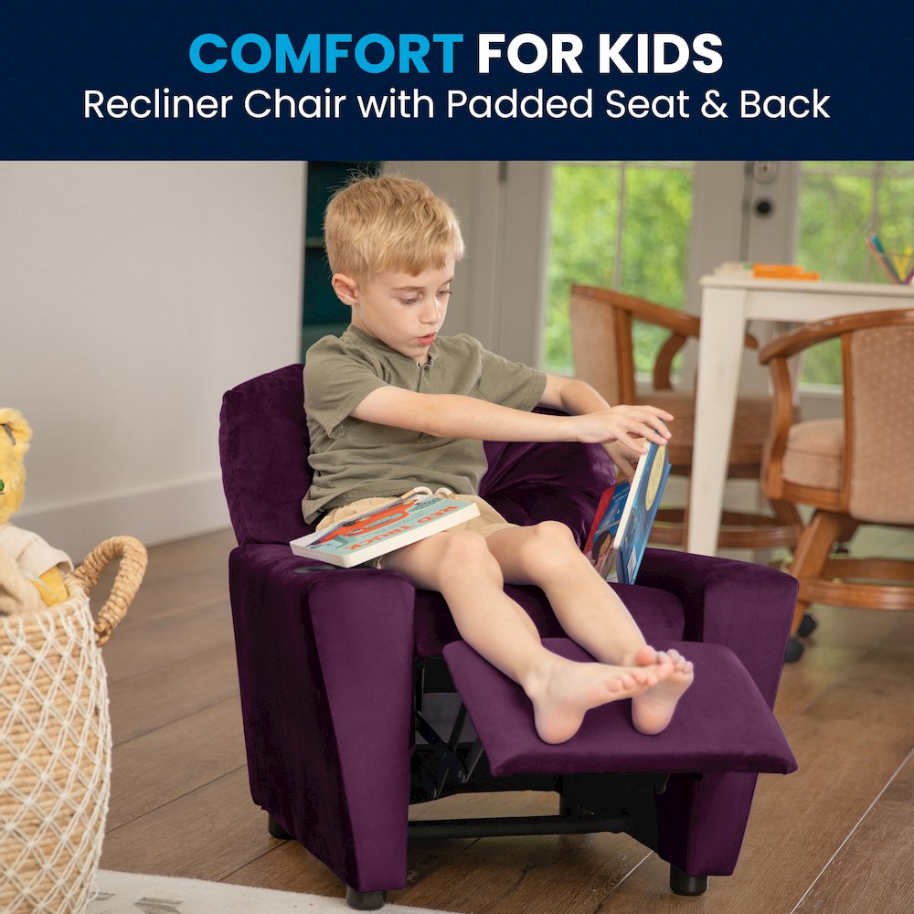 Contemporary Purple Microfiber Kids Recliner with Cup Holder. Picture 2