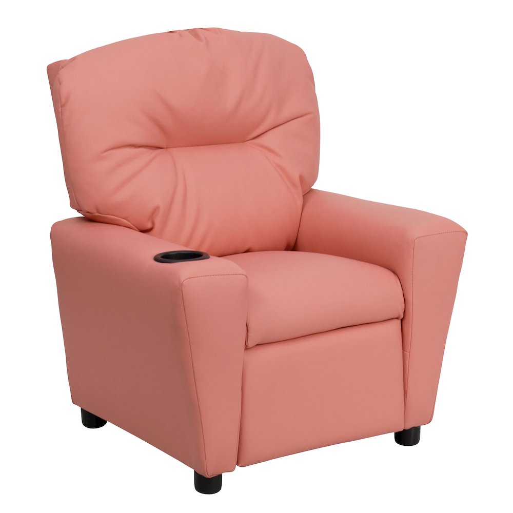 Contemporary Pink Vinyl Kids Recliner with Cup Holder. Picture 1